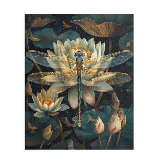 Art deco of Dragonfly Water Lily Jigsaw Puzzle (120, 252, 500-Piece) Family Jigsaw Puzzle, Puzzle Box Gift