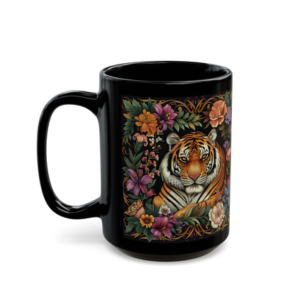 Tropical Tiger William Morris Inspired Black Coffee Mug For Her Him Ceramic Mug Black Mug  11oz, 15oz