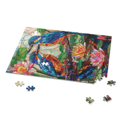 Faux Stained Glass Kingfishers Water Lily Puzzle Box (120, 252, 500-Piece) Family Jigsaw Puzzle, Puzzle Box Gift