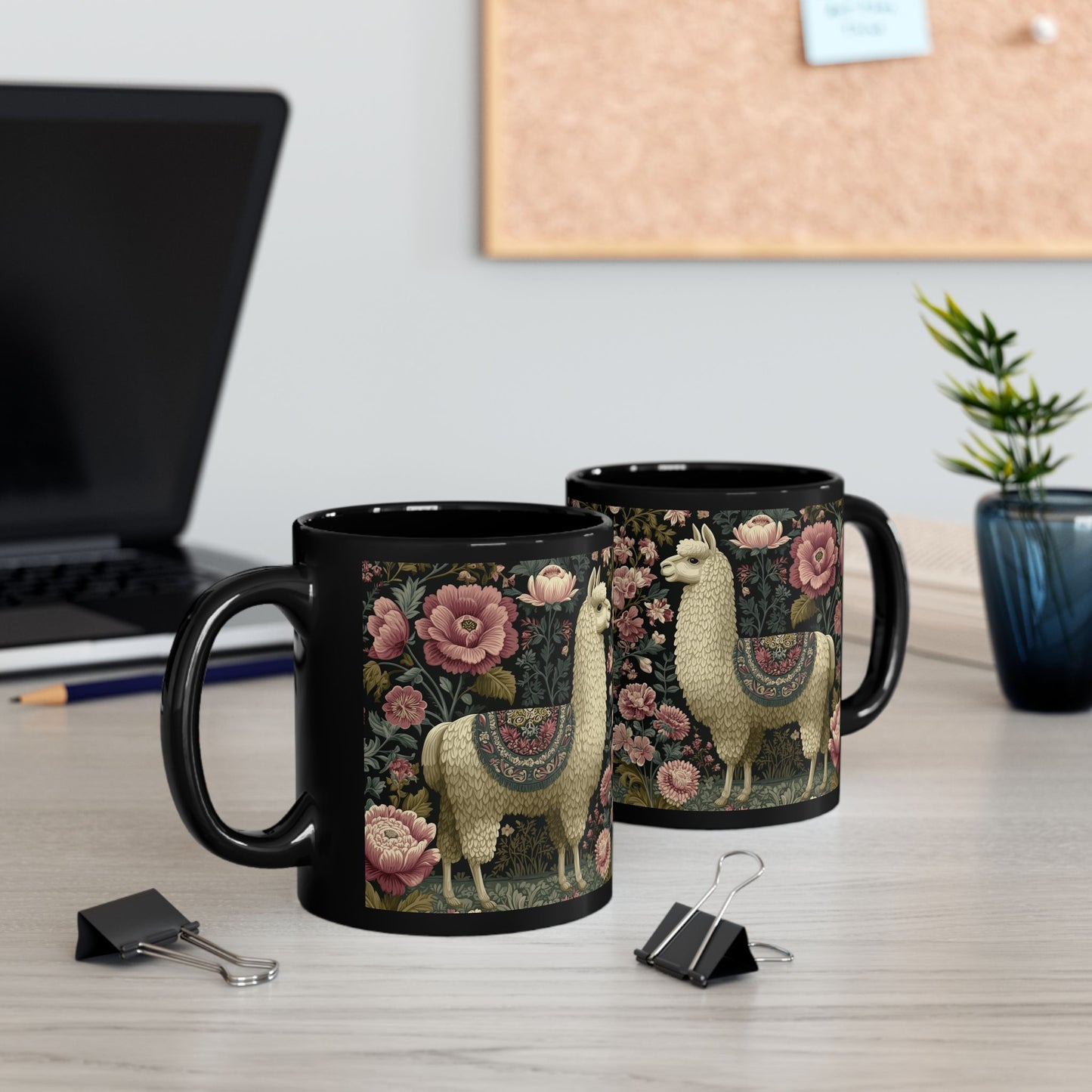Botanical Llama Coffee Mug, William Morris Inspired Floral Black Ceramic Cup (11oz, 15oz)