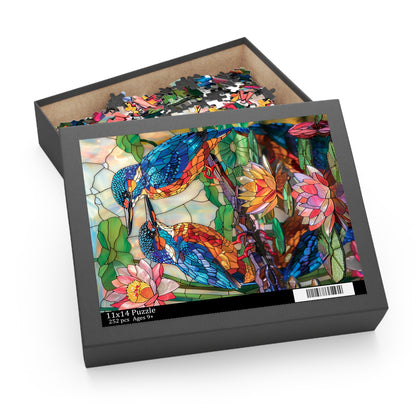 Faux Stained Glass Kingfishers Water Lily Puzzle Box (120, 252, 500-Piece) Family Jigsaw Puzzle, Puzzle Box Gift