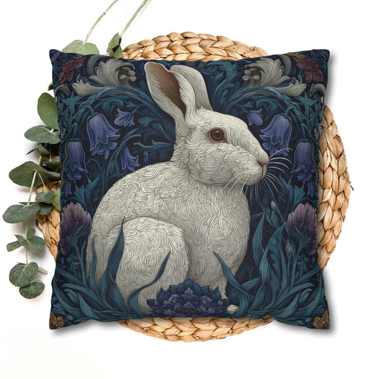 White Rabbit Floral Pillowcase, William Morris Style Botanical Bunny Cushion for Cozy Home Décor