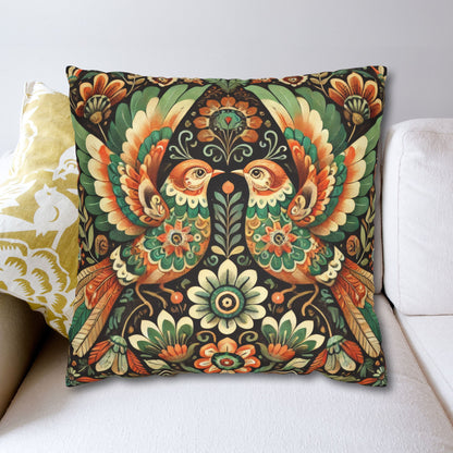 Folk Art of Two Birds and Flowers Pattern Pillowcase