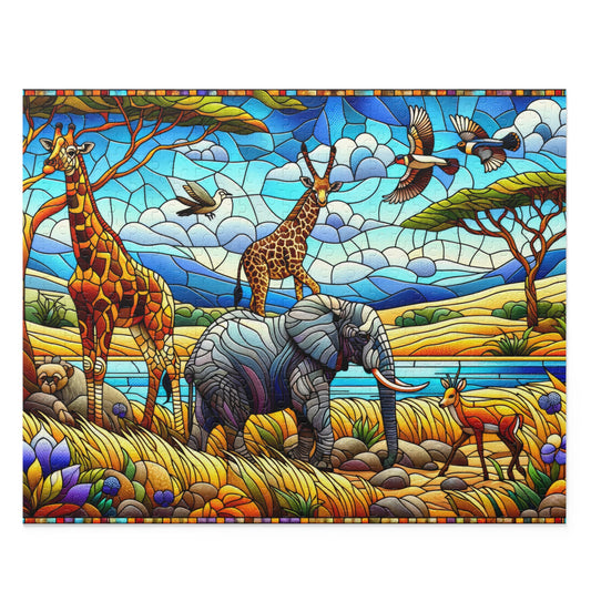Stained Glass African Savanna forest landscape scene Jigsaw Puzzle (120, 252, 500-Piece)