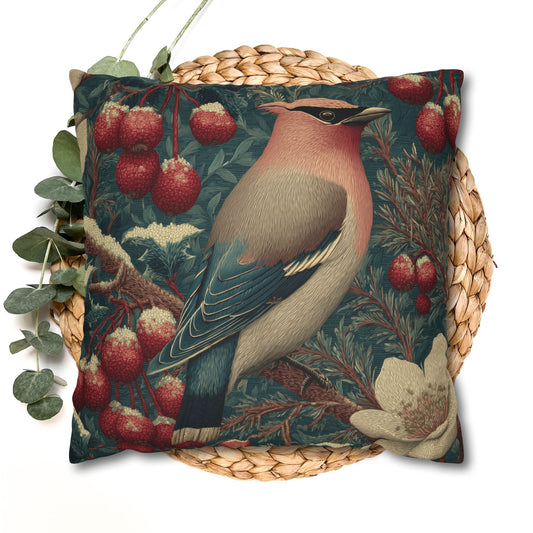 Waxwing Winterberry Pillowcase, William Morris Style Bird Cushion, Vintage Botanical Decor, Winter Nature Throw Pillow