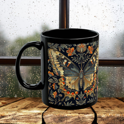 William Morris Butterfly Coffee Mug, Botanical Woodland Black Ceramic Cup, Vintage Insect Lover Gif