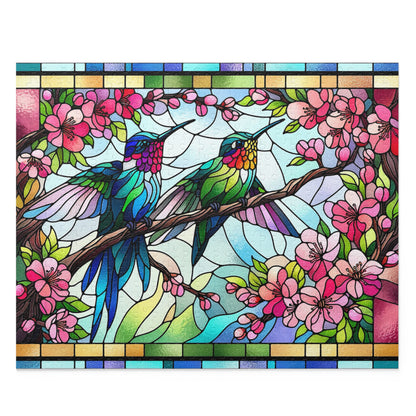 Stained Glass Hummingbirds Spring Cherry Blossom Puzzle Box (120, 252, 500-Piece) Adult Jigsaw Puzzle, Gift Him Her
