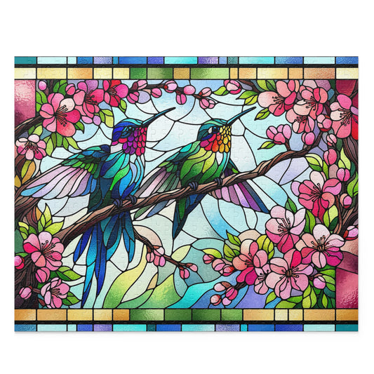 Stained Glass Hummingbirds Spring Cherry Blossom Puzzle Box (120, 252, 500-Piece) Adult Jigsaw Puzzle, Gift Him Her