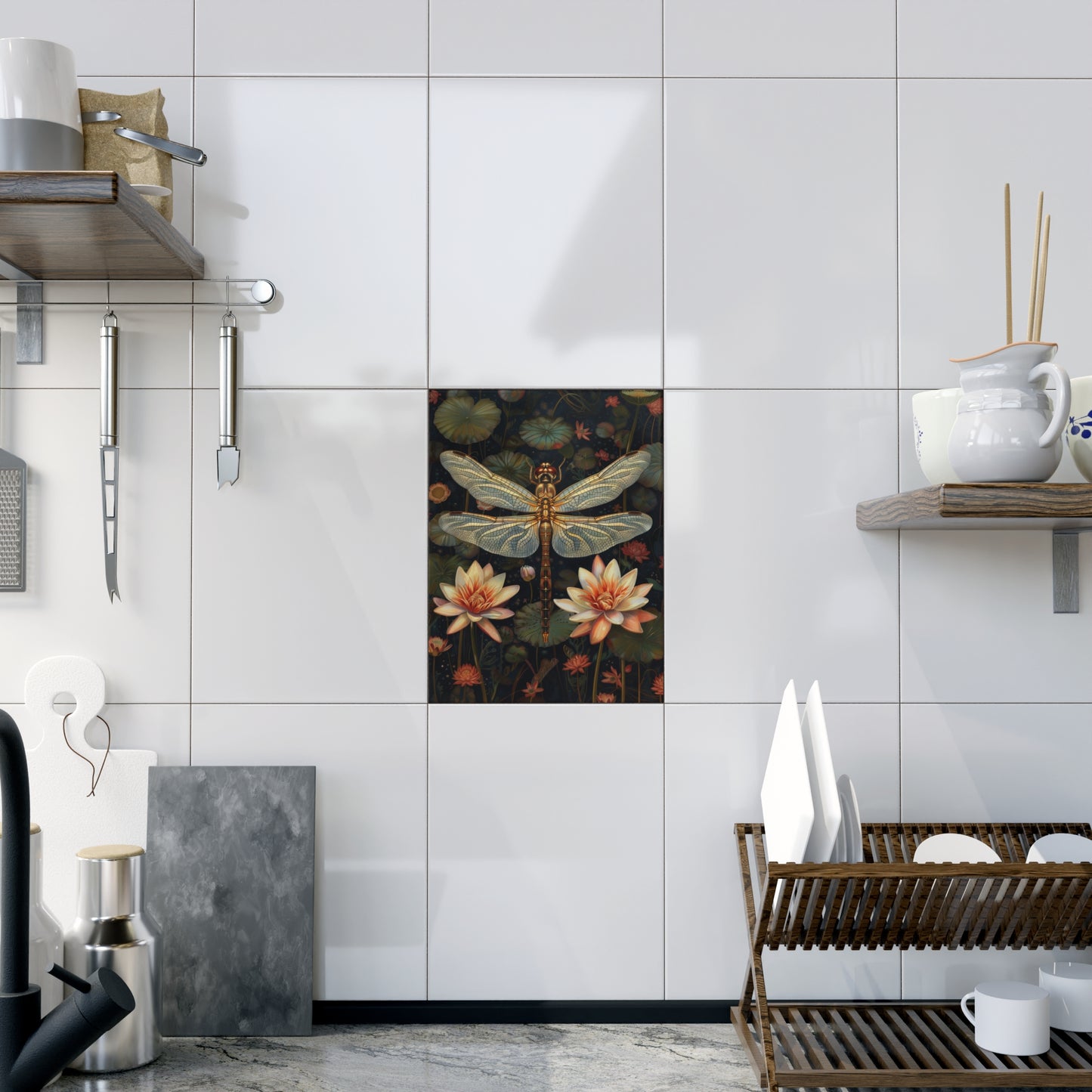 Golden Dragonfly & Water Lily Ceramic Tile | Art Nouveau Botanical Night Art 6x8 Glossy Decor