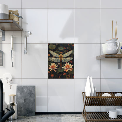 Golden Dragonfly & Water Lily Ceramic Tile | Art Nouveau Botanical Night Art 6x8 Glossy Decor
