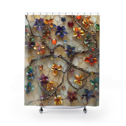 3D Stained Glass Colorful Jewelry Fall Flowers Polyester Shower Curtain