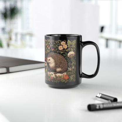 William Morris Inspired Botanical Hedgehog Black Coffee Mug For Her Him Ceramic Mug Black Mug 11oz, 15oz