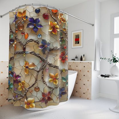 3D Stained Glass Colorful Jewelry Fall Flowers Polyester Shower Curtain