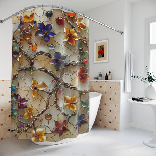 3D Stained Glass Colorful Jewelry Fall Flowers Polyester Shower Curtain