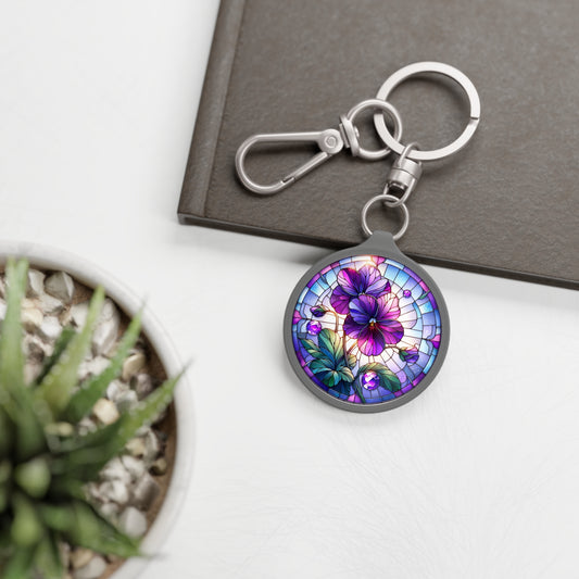 February Violet Keyring Tag Birth Month Flower, Violet Faux Watercolor Stained Glass