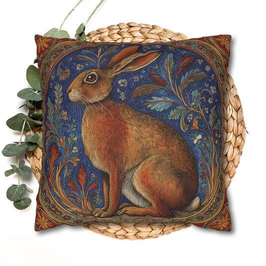 Medieval Hare Decorative Pillowcase, Vintage Botanical Rabbit Throw Cushion