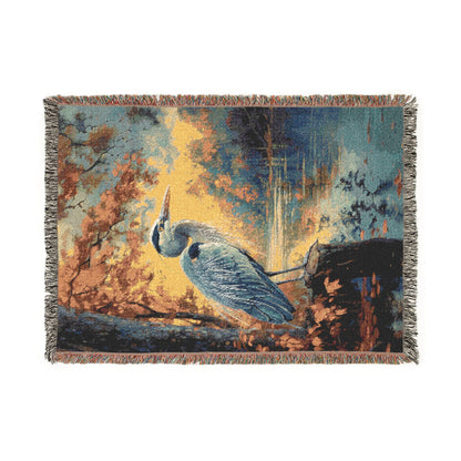 Woven Heron Woven Blanket, Autumn Lake Scene, Nature-Inspired Bird Throw, Cozy Tapestry Blanket for Wildlife Bird Lovers