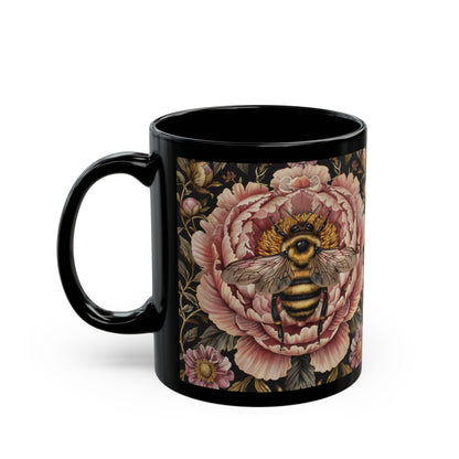 William Morris Inspired Bumblebee Pink Peony Black Coffee Mug For Her Him Ceramic Mug Black Mug 11oz, 15oz