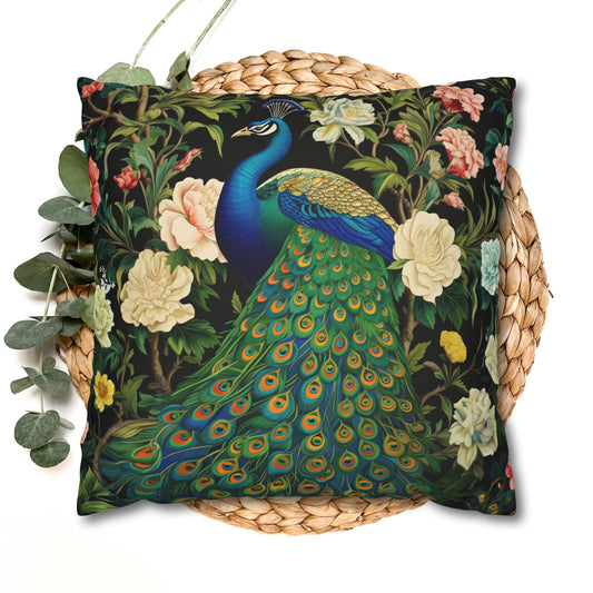 Peacock Floral Decorative Pillow Cover, Vintage Botanical Square Cushion Case