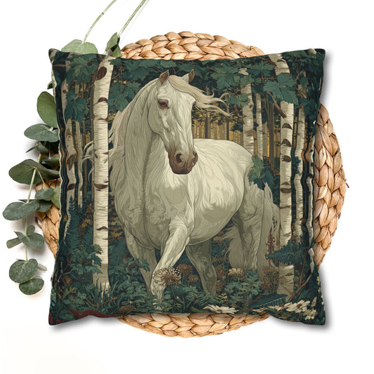 White Horse Forest Pillowcase, Decorative Square Throw Pillow Cover