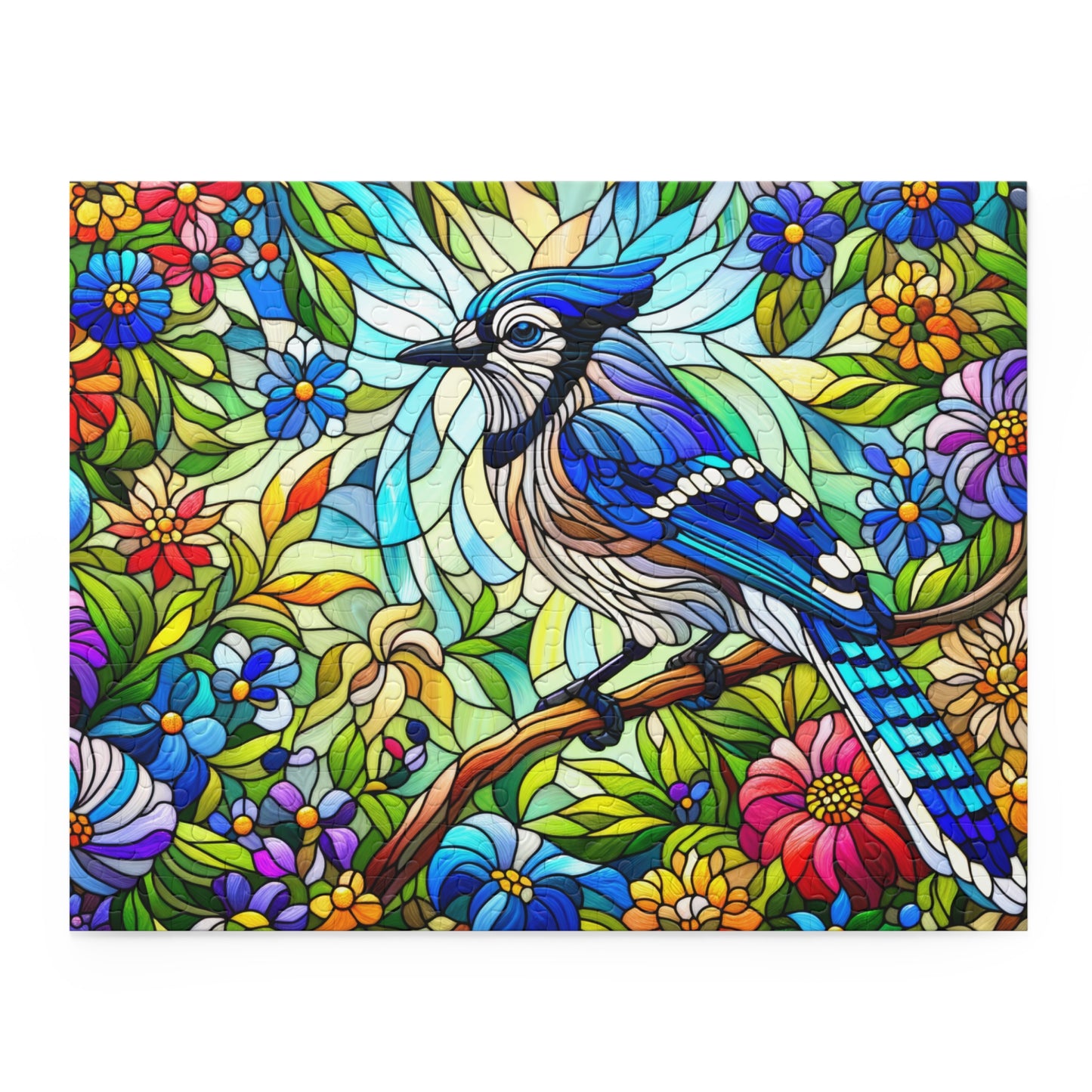 Stained glass Blue Jay Bird Spring Flower Jigsaw Puzzle Box (120, 252, 500-Piece) Adult Jigsaw Puzzle, Gift Him Her