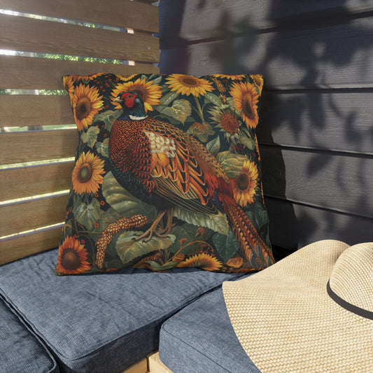 Sunflower Pheasant Outdoor Pillow, Farmhouse Bird Throw Pillow, Rustic Fall Cushion, Woodland Nature Decor, Patio Accent Pillow