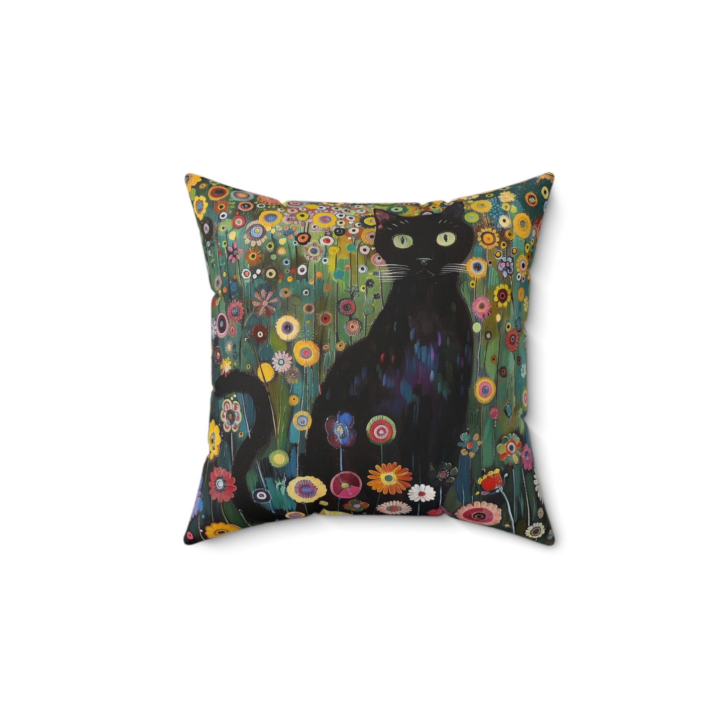 Whimsical Cat Floral Mewdow Square Pillow, Gustav Klimt Home Decor, Black Cat Cushion