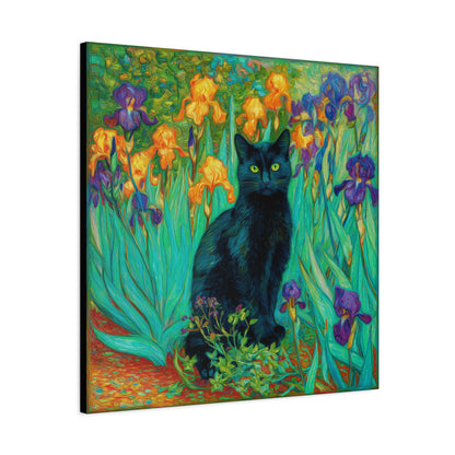 Black Cat Among Irises, Vibrant Floral Canvas Wall Art, Matte Stretched Canvas 1.25"