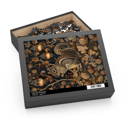 Chipmunk & Lanterns Puzzle – Cozy Autumn Jigsaw 120 252 500-Piece Family Gift Box Puzzle, Holiday Puzzle Game