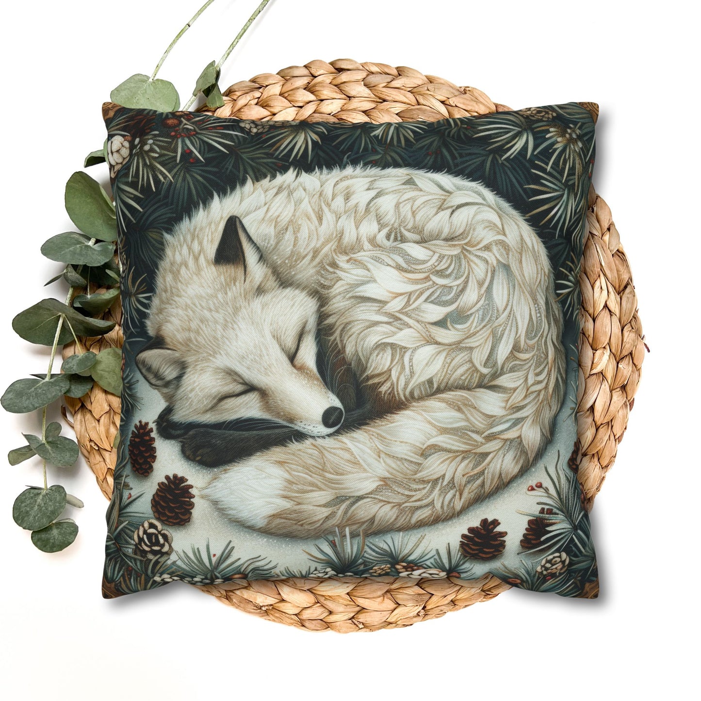 Art Deco Arctic Fox Pillow Cover: William Morris Style Winter Cushion