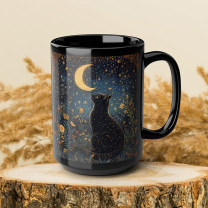 Mystical Black Cat Moon Mug, Celestial Floral Night Garden Coffee Cup 11oz & 15oz, Witchy Starry Magic Cat Lover Gift