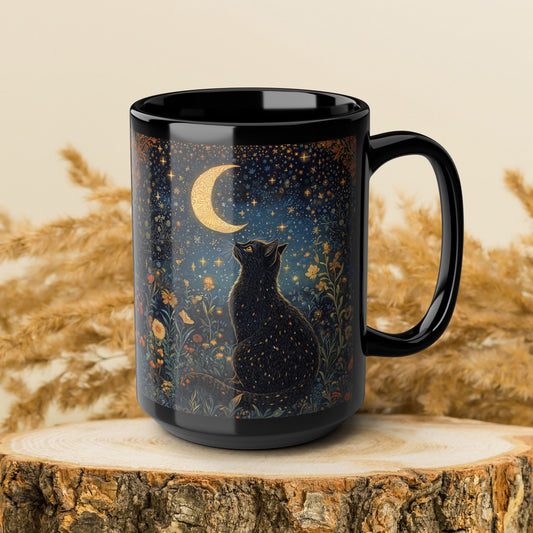 Mystical Black Cat Moon Mug, Celestial Floral Night Garden Coffee Cup 11oz & 15oz, Witchy Starry Magic Cat Lover Gift