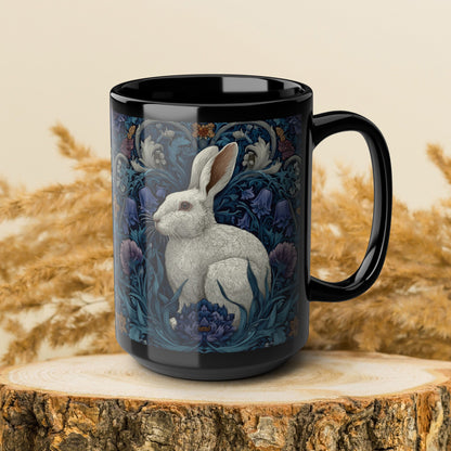 Rabbit Floral Black Mug, Vintage William Morris Style Bunny Coffee Cup (11oz/15oz)