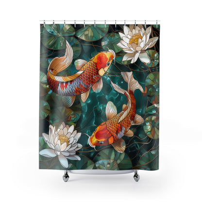 Faux Stained Glass Koi Fishes Water Lily Polyester Shower Curtain