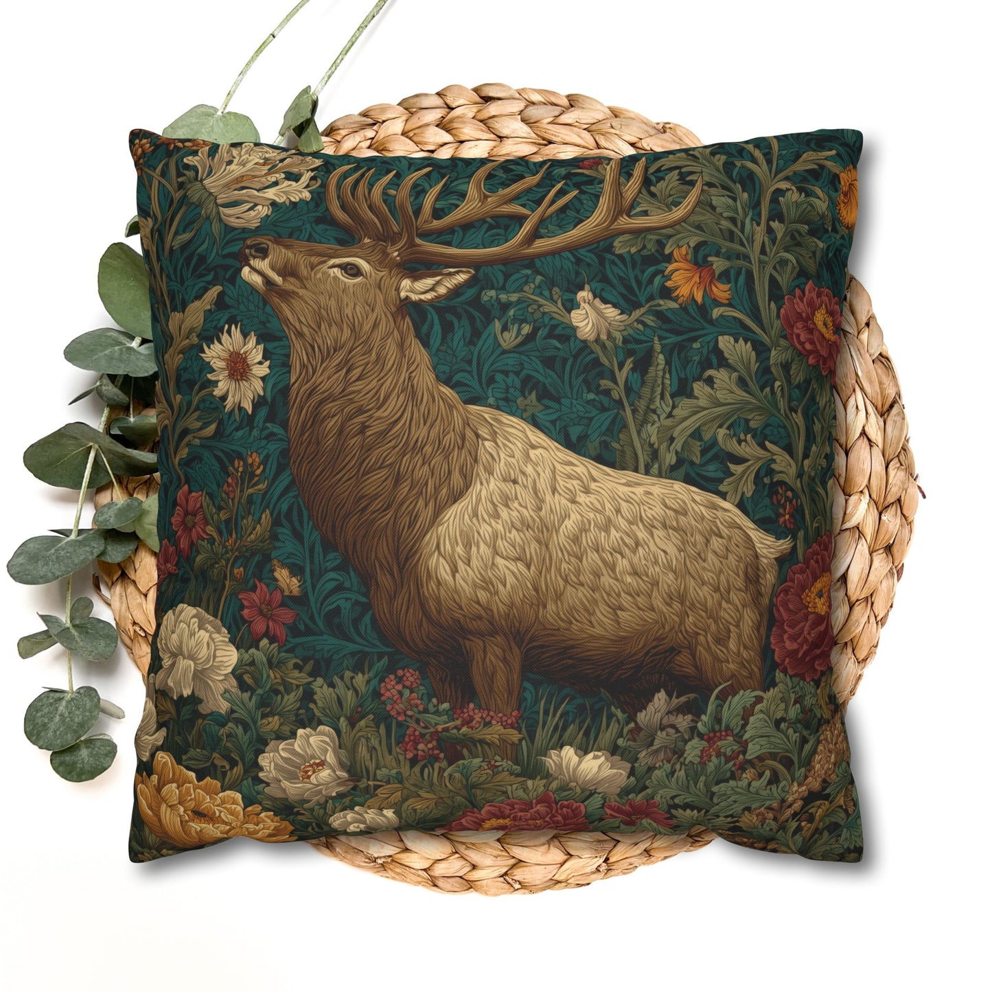Majestic Elk Floral Pillowcase, William Morris Inspired Woodland Elf Decorative Pillow