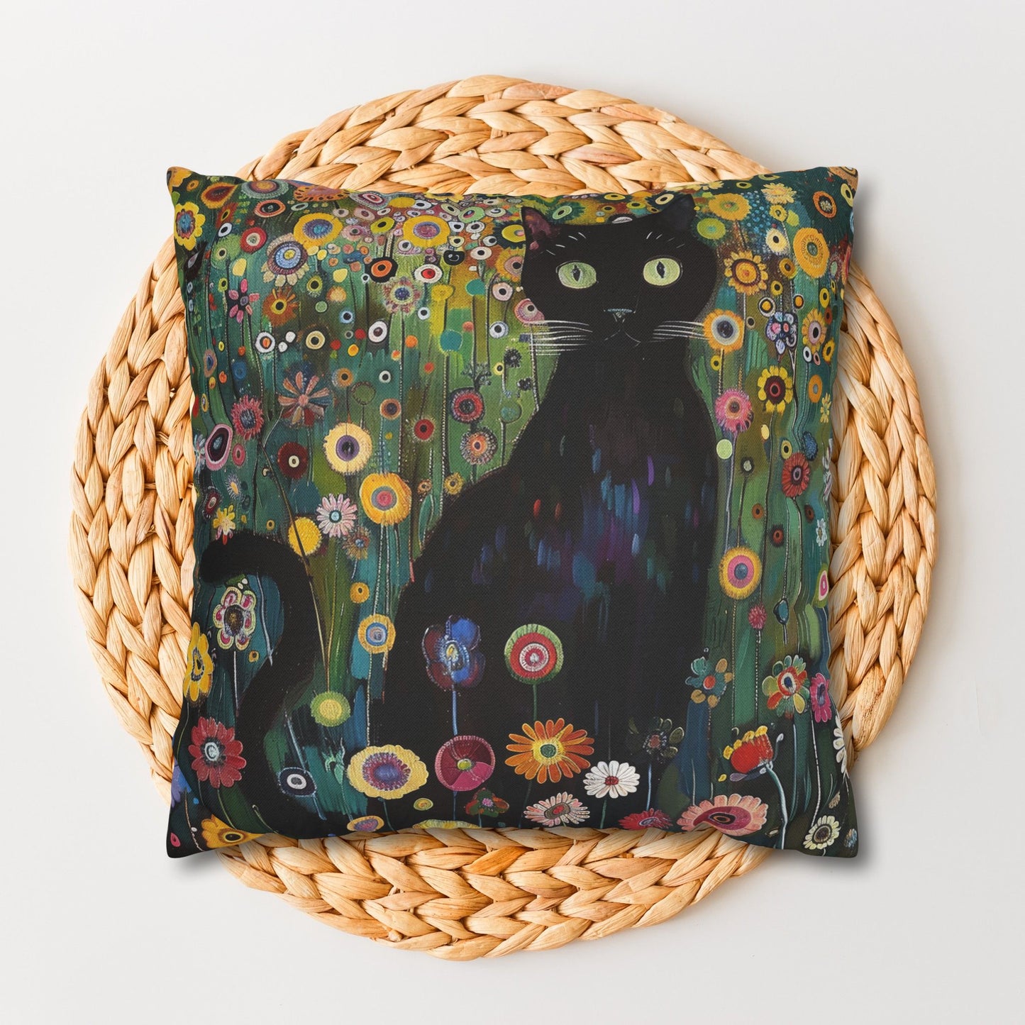Whimsical Cat Floral Mewdow Square Pillowcase, Gustav Klimt Home Decor, Black Cat Cushion