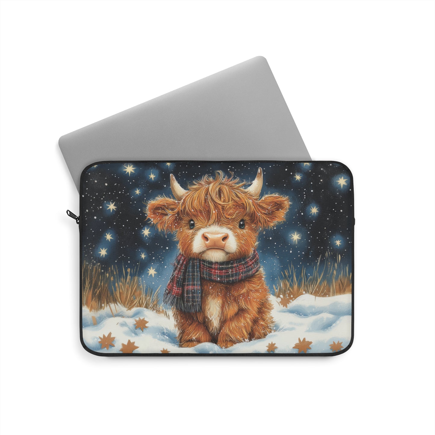 Winter Highland Cow Laptop Sleeve, Cozy Christmas Cow Art Case, Cute Scottish Highland Calf in Snow Laptop Cover (12”, 13”, 15”)