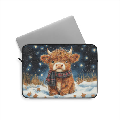 Winter Highland Cow Laptop Sleeve, Cozy Christmas Cow Art Case, Cute Scottish Highland Calf in Snow Laptop Cover (12”, 13”, 15”)