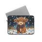 Winter Highland Cow Laptop Sleeve, Cozy Christmas Cow Art Case, Cute Scottish Highland Calf in Snow Laptop Cover (12”, 13”, 15”)