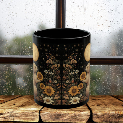 Moon Rabbit Coffee Mug, William Morris Inspired Floral Bunny Black Ceramic Cup (11oz, 15oz)