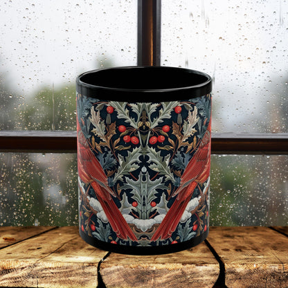 Red Cardinal Among Winter Florals Black Mug (11oz, 15oz)