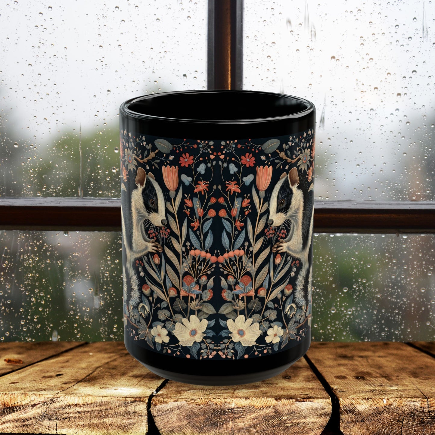 William Morris Inspired Floral Skunk Art Nouveau Coffee Mug For Her Him Ceramic Mug Black Mug 11oz, 15oz