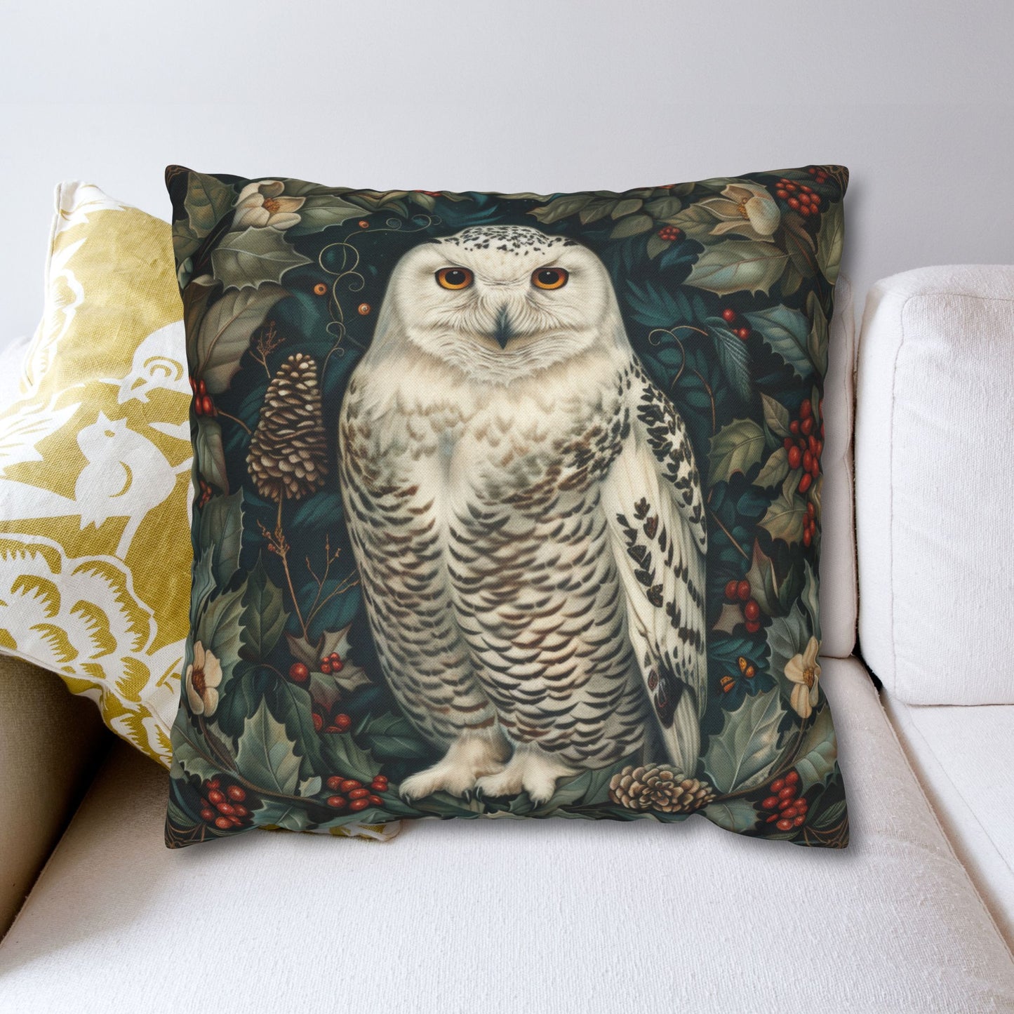 William Morris Inspired Snow Owl Winter Botanicals Home Decor Pillowcase