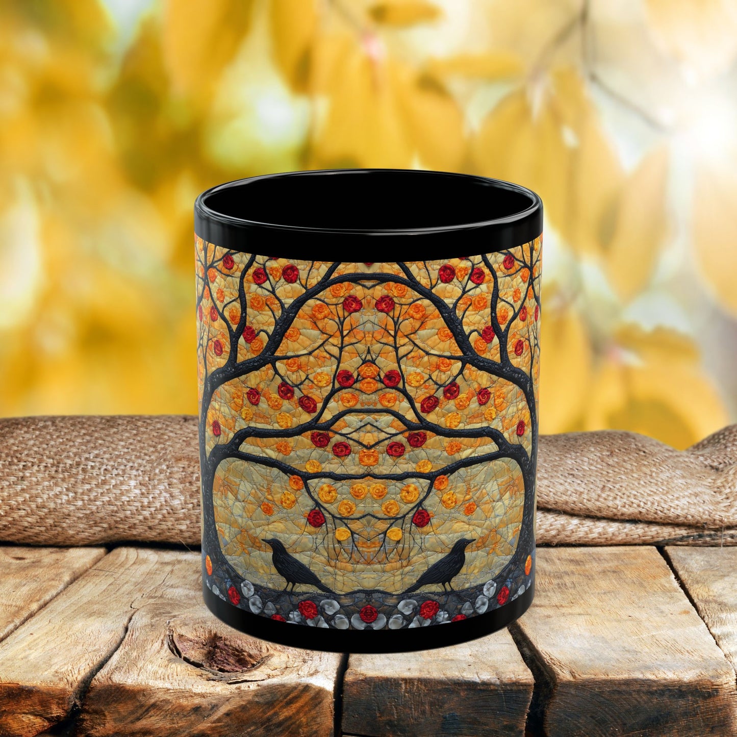 Autumn Apple Tree Art Mug | Black Ceramic Coffee Cup