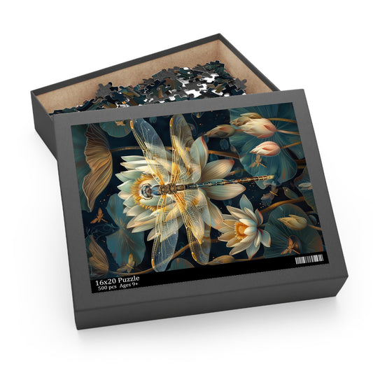 Art deco of Dragonfly Water Lily Jigsaw Puzzle (120, 252, 500-Piece) Family Jigsaw Puzzle, Puzzle Box Gift