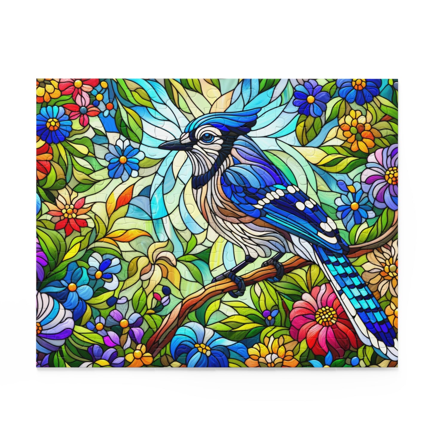 Stained glass Blue Jay Bird Spring Flower Jigsaw Puzzle Box (120, 252, 500-Piece) Adult Jigsaw Puzzle, Gift Him Her