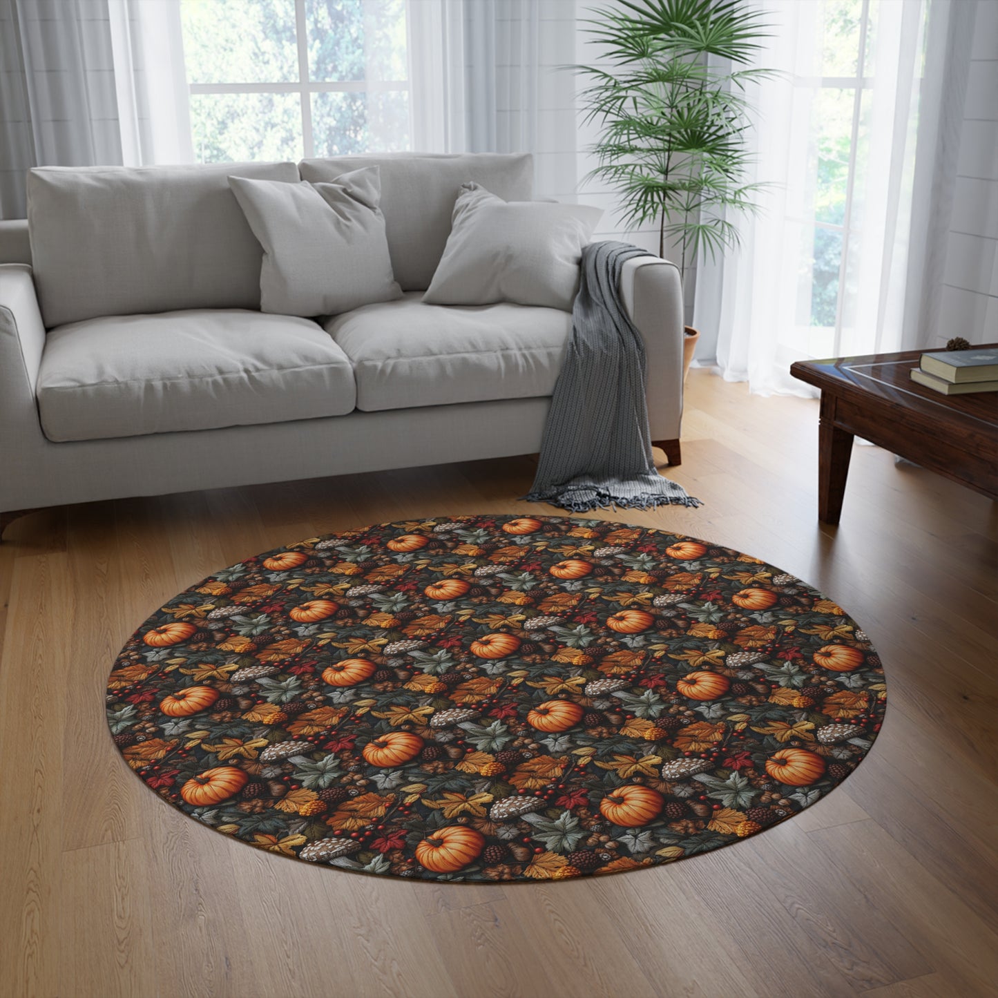 Fall Leaves Pumpkin Embroidery Round Rug, Autumn Harvest Decor, Thanksgiving Table Centerpiece, Holiday Season Floor Mat, Cozy Home Accent,