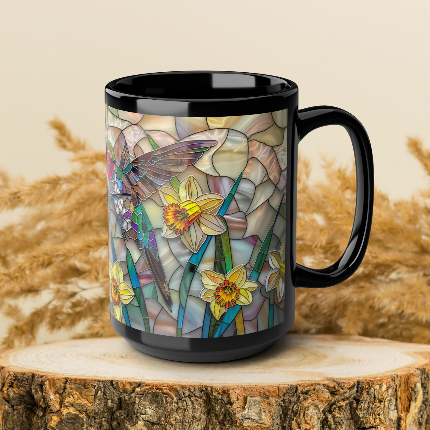 Stained Glass Hummingbirds Flight Daffodils Black Mug (11oz, 15oz) - Floral Coffee Cup, Bird Lover Gift, Kitchen Decor, Unique Tea Mug,