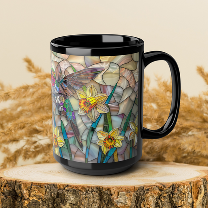 Stained Glass Hummingbirds Flight Daffodils Black Mug (11oz, 15oz) - Floral Coffee Cup, Bird Lover Gift, Kitchen Decor, Unique Tea Mug,