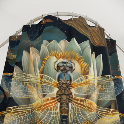 William Morris Inspired Dragonfly White Water Lily Shower Curtain | Art Deco Style Shower Curtain | Cottagecore Bathroom Decor